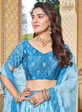 Rubbed Mukesh Cin Allover Lehenga in Sky Blue